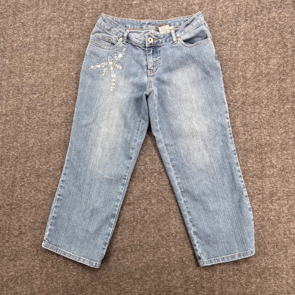 Boom Boom Jeans Women Size 5 Light Wash Rhinestone Dragonfly Cropped Capri Pants